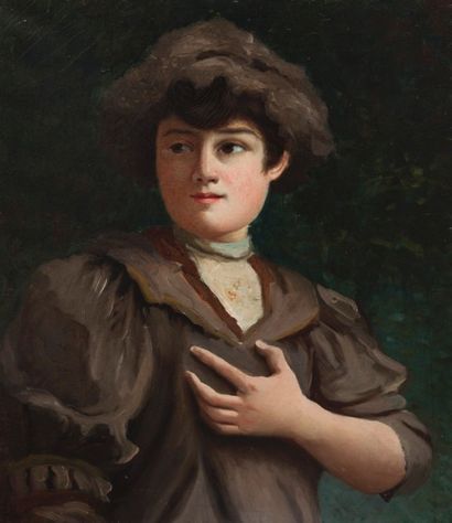 Robert de Rougé (? - 1916) Jeune femme à la robe grise. Toile, 55 x 45 cm