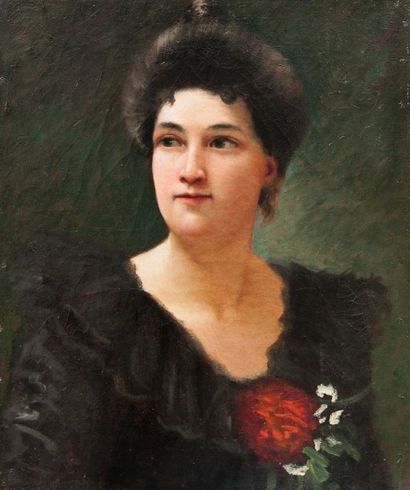 Robert de Rougé (? - 1916) Femme a la robe fleurie. Toile, 55 x 45 cm