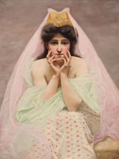 Robert de Rougé (? - 1916) Femme nimbée de rose. Toile, 87 x 67 cm