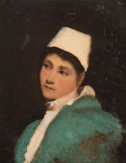 Robert de Rougé (? - 1916) Femme à la toque. Carton, 35 x 27 cm