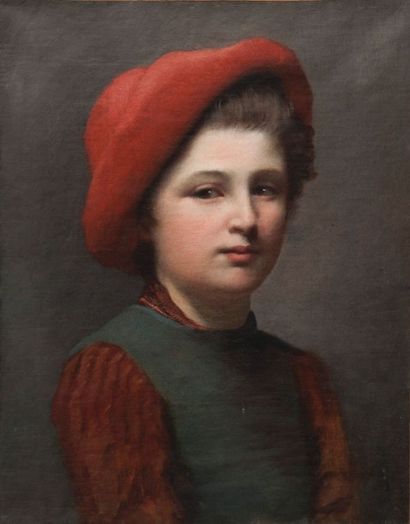 Robert de Rougé (? - 1916) Jeune homme au chapeau rouge Toile, 55 x 43 cm