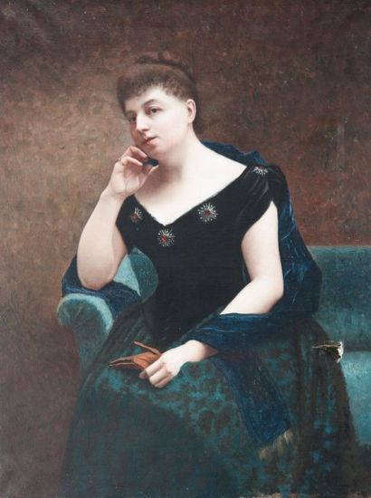 Robert de Rougé (? - 1916) Jeune femme aux broches de rubis. Toile, 109 x 82 cm ...