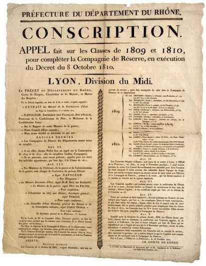 1810 RHÔNE - CONSCRIPTION - «Appel fait sur les classes de 1809 et 1810, pour compléter...