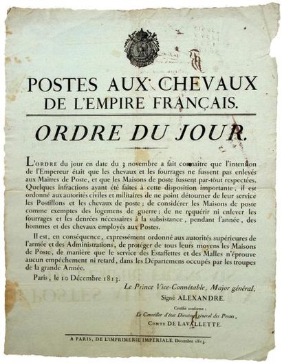 1813 POSTES AUX CHEVAUX DE L'EMPIRE FRANÇAIS.» - Ordre du jour du Maréchal Alexandre...