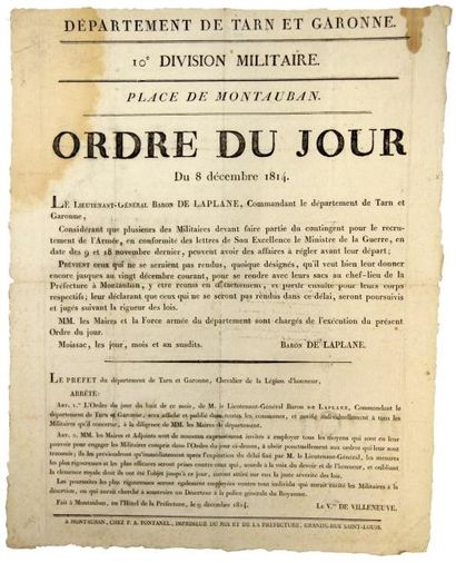 1814 TARN-ET-GARONNE- Ordre du jour du Lieutenant-Général Baron DE LAPLANE, Commandant...