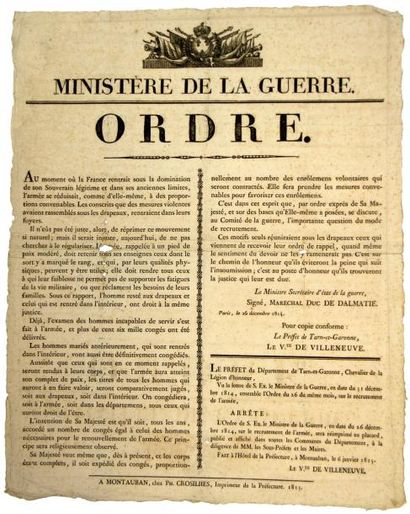 1815 Ordre du Maréchal Duc de DALMATIE (SOULT), Paris 26 Décembre 1814 - «Au moment...