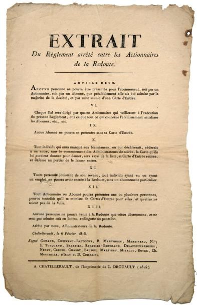 1815 (VIENNE - BAL de LA REDOUTE) - «Extrait du règlement arrêté entre les Actionnaires...