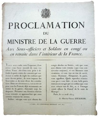1815 (CENT-JOURS de NAPOLEON 1er) - Proclamation du Maréchal DAVOUT Le Prince d'Eckmühl,...