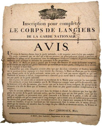 1815 (MOSELLE - Les CENT-JOURS de NAPOLÉON 1er) - Avis du Chevalier CHEDEAUX, Maire...