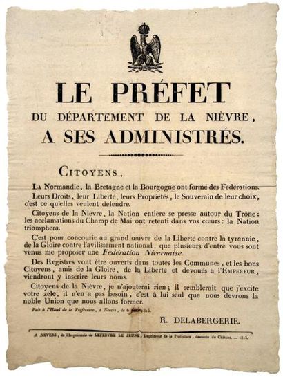 1815 (NIÈVRE - CENT-JOURS - FÉDÉRATION NIVERNAISE) - Adresse de DELABERGERIE Préfet...