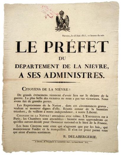 1815 (NIÈVRE - Fin des CENT-JOURS) - Avis de DELABERGERIE Préfet du Département de...