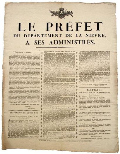 1816 (NIÈVRE - Culte de LOUIS XVI, Roi Martyr.) - Adresse et arrêté de DEVAINES Préfet...