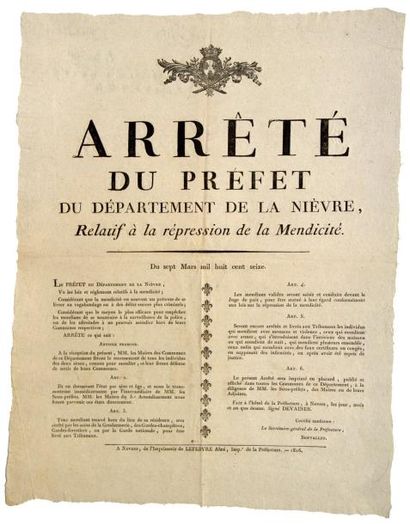 1816 (NIÈVRE - MENDIANTS) - «Arrêté du Préfet du Département de la Nièvre, relatif...