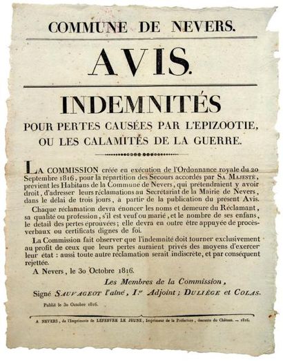 null (NIÈVRE) - NEVERS le 30 Octobre 1816 - «Indemnités pour pertes causées par...