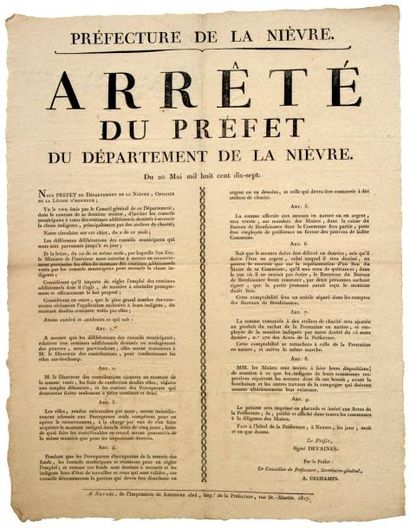 1817 (NIÈVRE - Ateliers de Charité) - Arrêté de DEVAINES Préfet du Département de...
