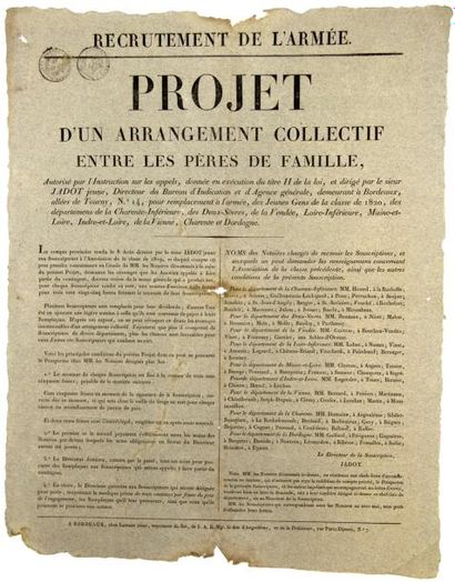 1820 GIRONDE - RECRUTEMENT DE L'ARMÉE - «Projet d'un arrangement collectif entre...