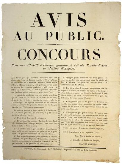1820 (MAINE-ET-LOIRE - CHARENTE) - «Avis au Public - Concours pour une Place à Pension...