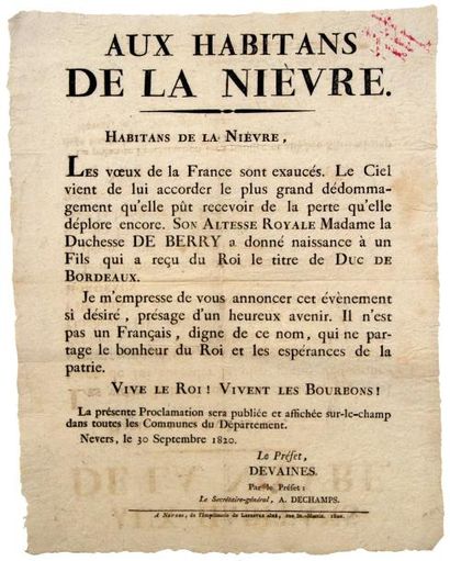 1820 (NAISSANCE DU DUC DE BORDEAUX (HENRI V) - Adresse du Préfet DEVAINES, aux Habitants...