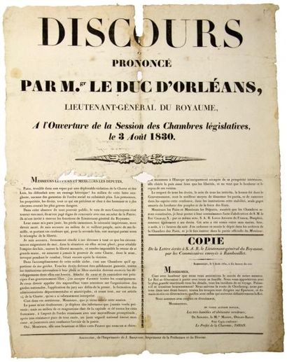 1830 (LOUIS-PHILIPPE) - «Discours prononcé par M. le Duc d'ORLÉANS, Lieutenant-Général...