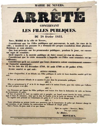 1832 (NIÈVRE - PROSTITUTION) - «Arrêté concernant les FILLES PUBLIQUES. Du 28 Février...