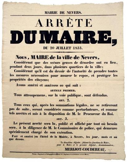 1833 (NIÈVRE - Attroupements) - «Arrêté du Maire du 20 Juillet 1833.» - «Considérant...
