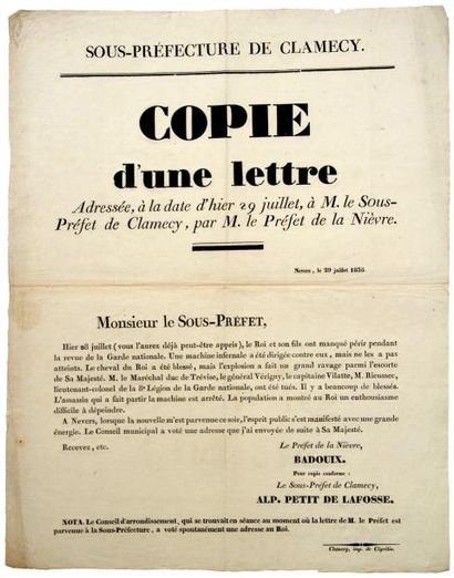 1835 NIÈVRE - (ATTENTAT de FIESCHI contre le ROI LOUIS-PHILIPPE - LA MACHINE INFERNALE)...