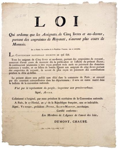 null An 3 - (ASSIGNATS - LOTERIE) - «Loi qui ordonne que les Assignats de Cinq Livres...