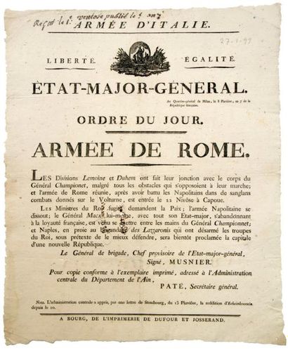 null An 7 - (AIN) - «ARMÉE DE ROME» - Ordre du jour du Général de Brigade MUSNIER,...