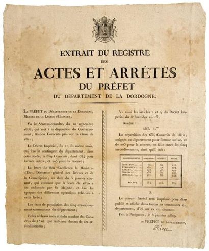 1809 (DORDOGNE - CONSCRIPTION de 1809) - Arrêtés du RIVET Préfet de la DORDOGNE,...