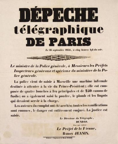 null (ATTENTAT de NAPOLÉON III) - Dépêche télégraphique de Paris le 25 Septembre...