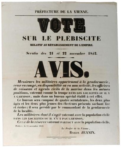 1852 VIENNE - VOTE SUR LE PLÉBISCITE RELATIF AU RÉTABLISSEMENT DE L'EMPIRE (Pour...