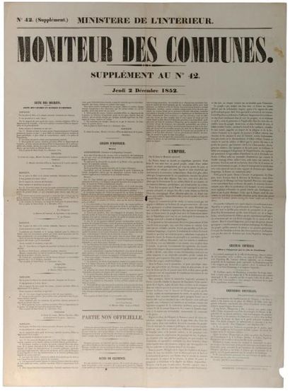 1852 PROCLAMATION DE L'EMPIRE - «MONITEUR DES COMMUNES» (Supplément n°42) du Jeudi...