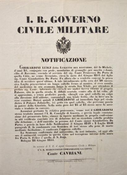 (Italie) BOLOGNE 28 juin 1855 - PEINE DE MORT & FUSILLÉ - «I.R. GOVERNO CIVILE MILITARE.»...