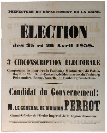 (PARIS) Département DE LA SEINE - ÉLECTIONS des 25 et 26 Avril 1858 - Placard du...