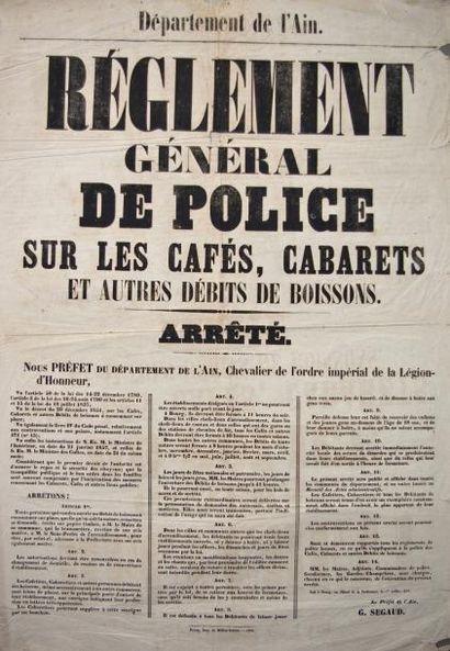 1858 DÉPARTEMENT DE L'AIN - DÉBITS DE BOISSONS - «Règlement général de police sur...