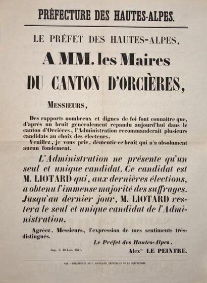 HAUTES-ALPES GAP 10 Juin 1861 - Alexandre LE PEINTRE «Le Préfet des Hautes-Alpes,...