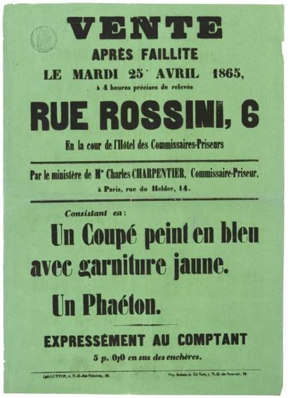 null (PARIS - Vente aux enchères Rue ROSSINI, 1865) - «VENTE, après faillite, le...