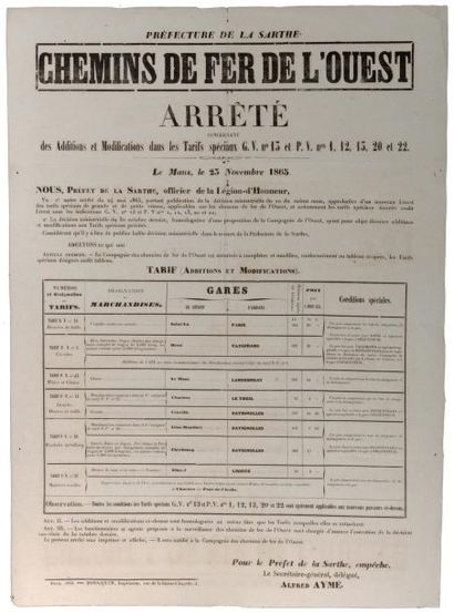 1865 SARTHE - "CHEMINS DE FER DE L'OUEST" - Arrêté concernant des additions et modifications...