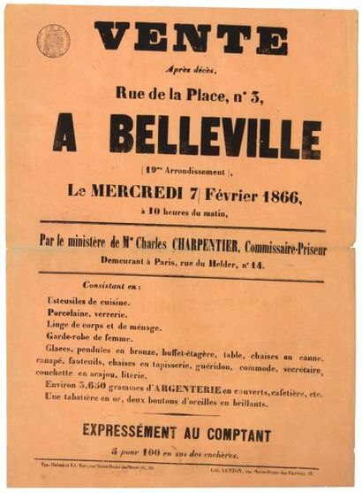 null (PARIS 19e - Vente aux enchères à BELLEVILLE, 1866) - «VENTE, après décès, 3...