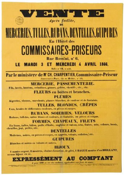null (PARIS -Vente aux enchères Rue ROSSINI, 1866) - «VENTE, après faillite, de MERCERIES,...