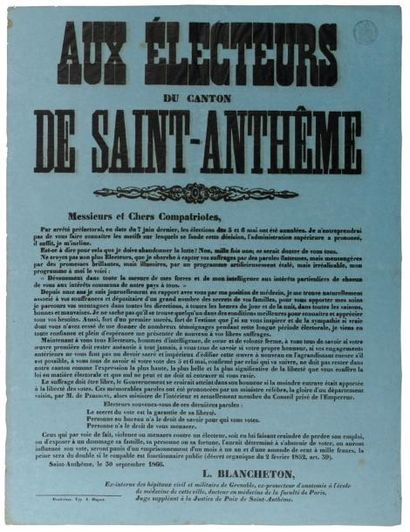 1866 PUY-DE-DÔME (SAINT-ANTHEME) - AUX ÉLECTEURS DU CANTON DE SAINT-ANTHEME - Nouvelle...