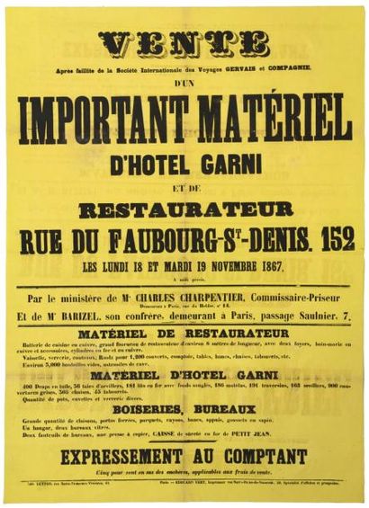 (PARIS 1867) «VENTE, après faillite de la Société Internationale des Voyages GERVAIS...