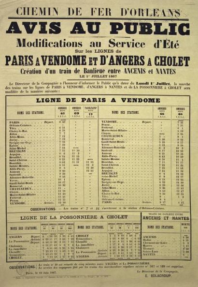 1867 «CHEMIN DE FER D'ORLÉANS» - «Avis au Public. Modifications au Service d'Été...
