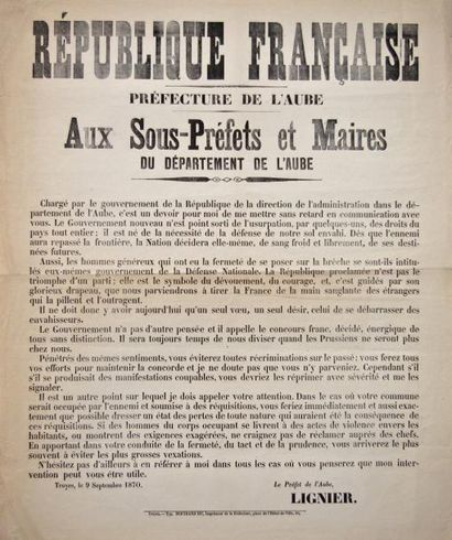 TROYES, le 9 Septembre 1870 - «Préfecture...