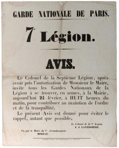 null "GARDE NATIONALE DE PARIS" - 7° LÉGION - (RÉVOLUTION DE FÉV. 1848) - «AVIS du...