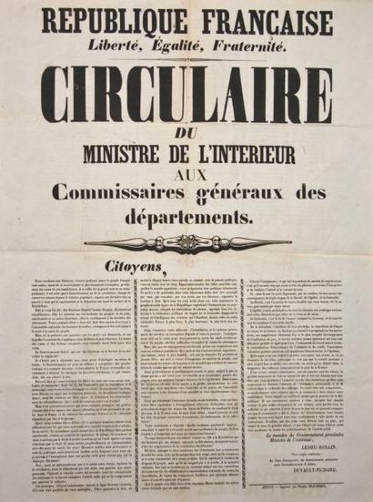 1848 AUTUN (71) - «République Française. Circulaire du Ministre de l'Intérieur aux...