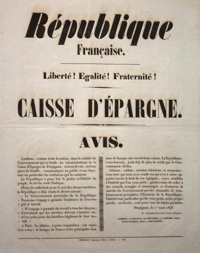 1848 «RÉPUBLIQUE FRANÇAISE. CAISSE D'ÉPARGNE.» de PERPIGNAN (66) - Avis des Administrateurs...