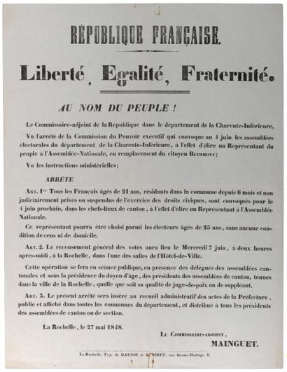 null CHARENTE-MARITIME - LA ROCHELLE, le 27 mai 1848 - Arrondissement du Commissaire-adjoint...