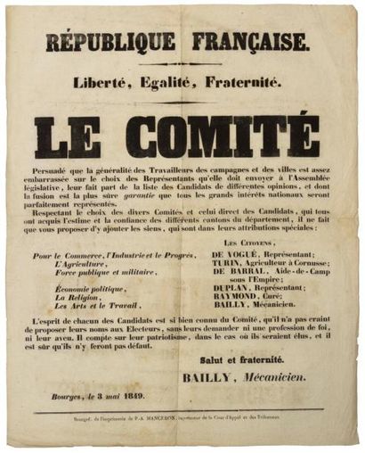 CHER «LE COMITÉ» (D'UNION NATIONALE) - BOURGES le 3 mai 1849 - «Le Comité... fait...