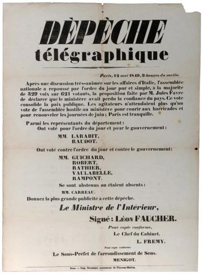 YONNE DÉPÊCHE TÉLÉGRAPHIQUE signé Léon FAUCHER Ministre de l'Intérieur - Paris, 12...